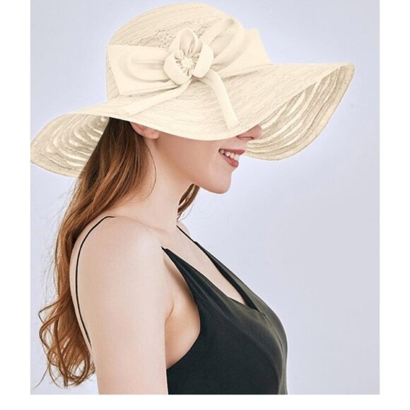 New Wide Brim Fancy Sun Hat Womens Foldable Organza Off White Photo Shoot Fun - Picture 1 of 5